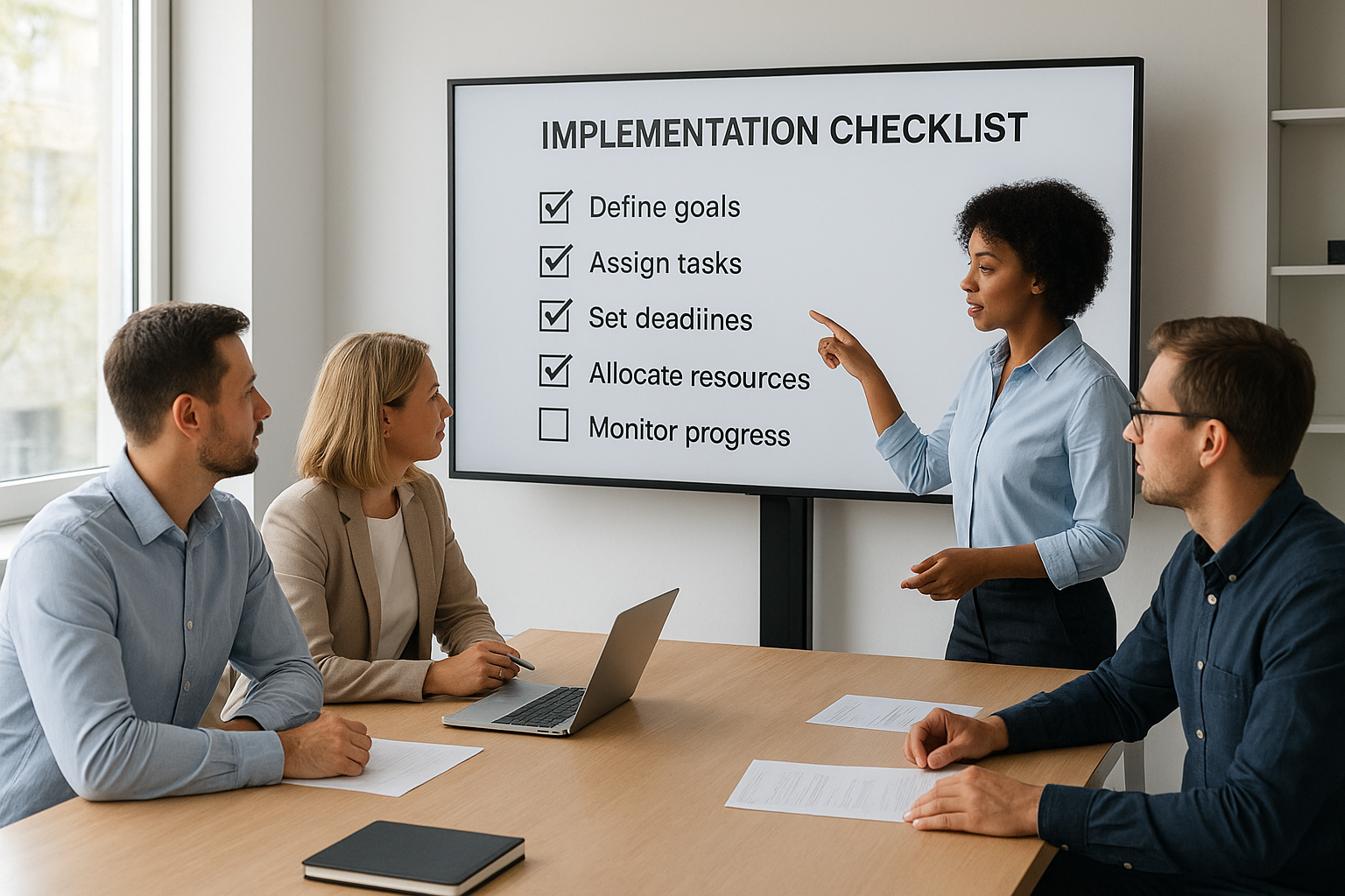 Small business team reviewing an HRIS implementation checklist together
