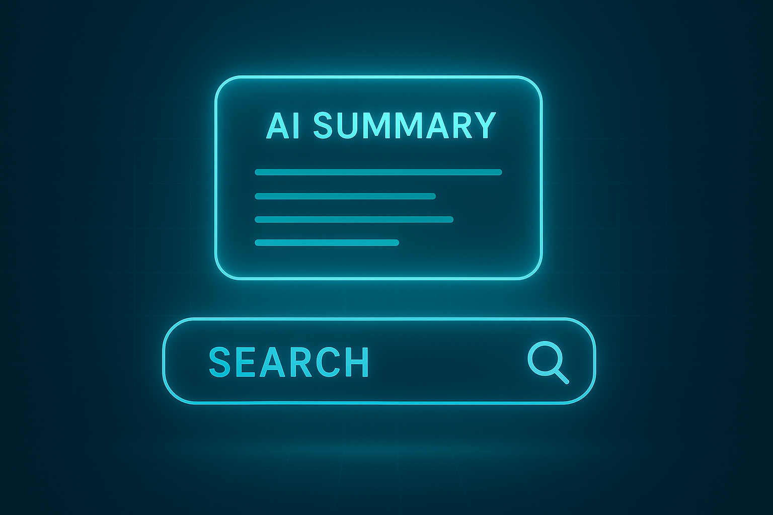 Illustration showing how to appear in Google AI Overviews with a glowing AI summary box above search results