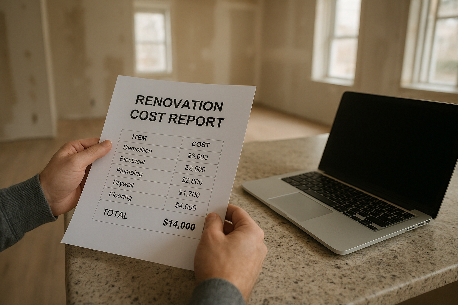 Printed repair cost estimate report for a flip being reviewed before making an offer