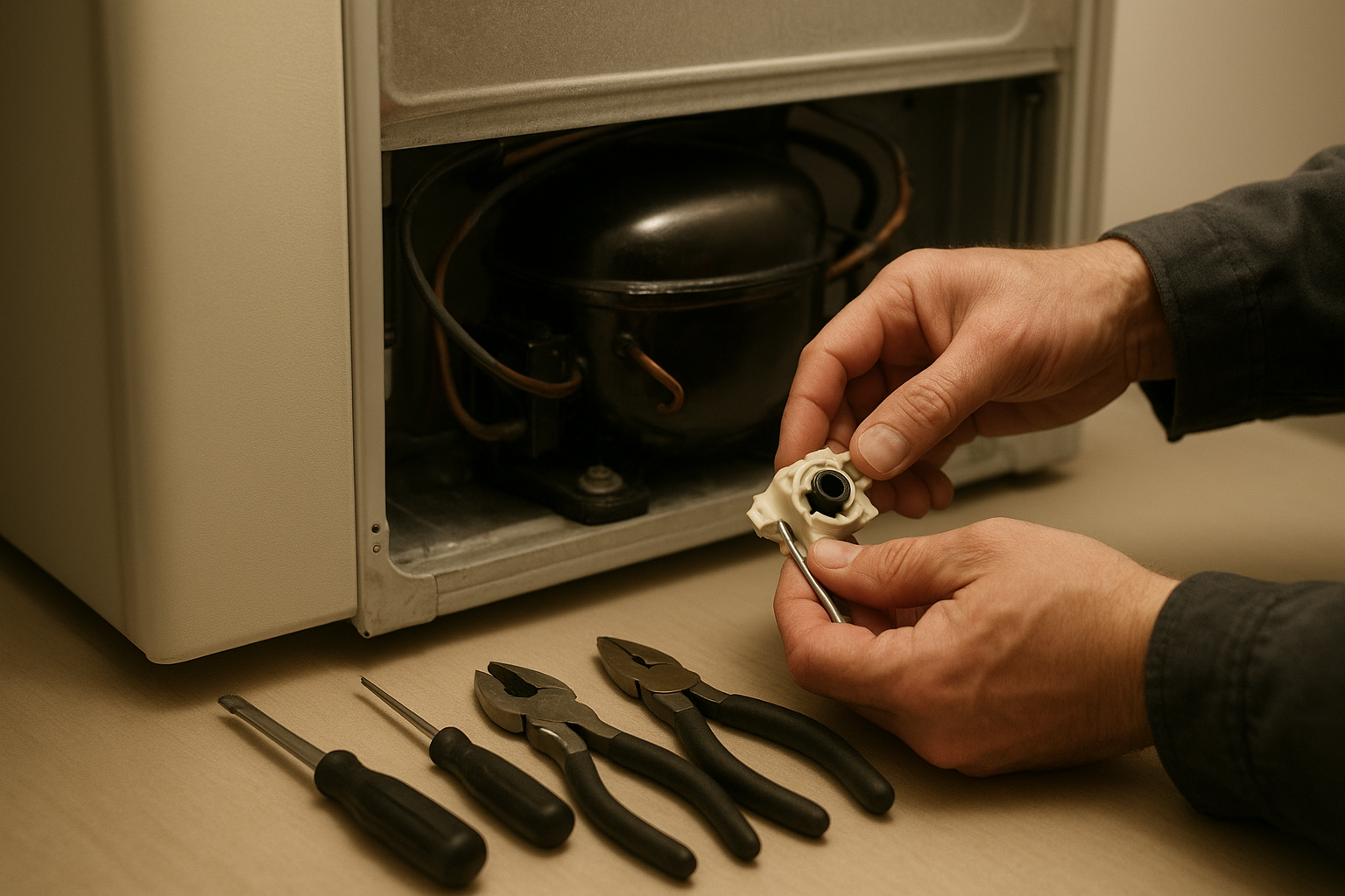 Close-up of a technician replacing a refrigerator part during a repair appointment