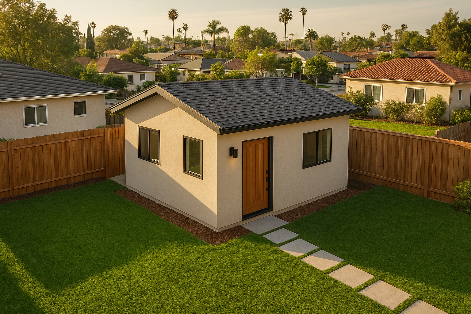 Aerial view of a completed freestanding ADU unit with modern stucco exterior in a Southern California suburban backyard