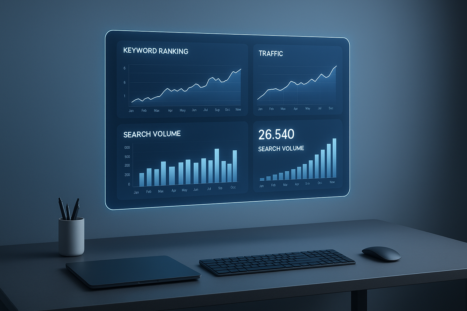Data-driven SEO strategies visualized on an analytics dashboard with keyword ranking charts and traffic graphs