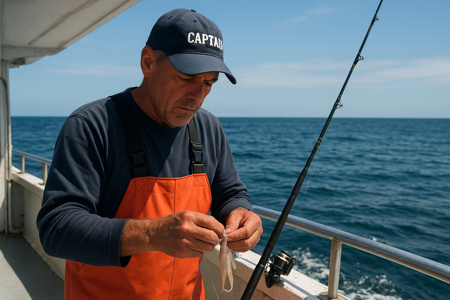Charter boat captain preparing offshore bait rigs before a Gulf Stream fishing trip