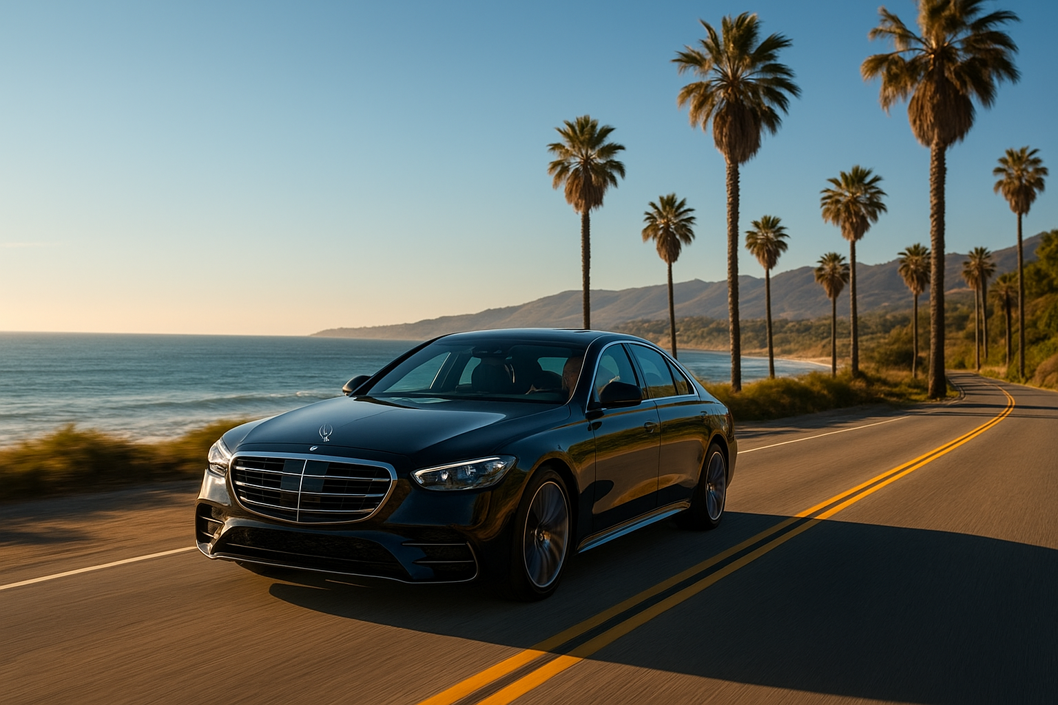 Luxury vehicle arriving in Santa Barbara after a private transfer from Riverside