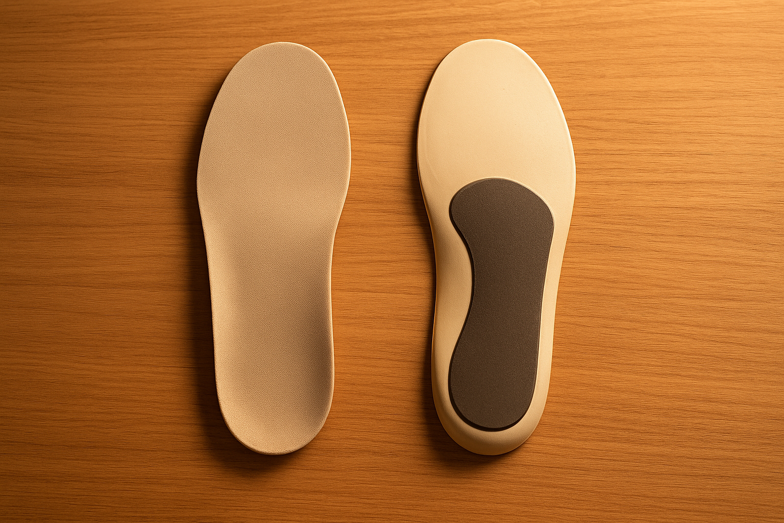 Pair of finished custom orthotic insoles showing top cover and rigid shell