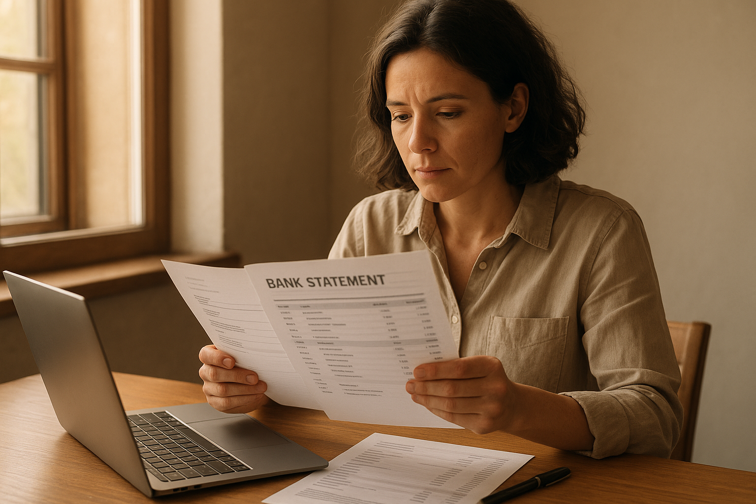 Small business owner reviewing bank statements for a bank statement loan application