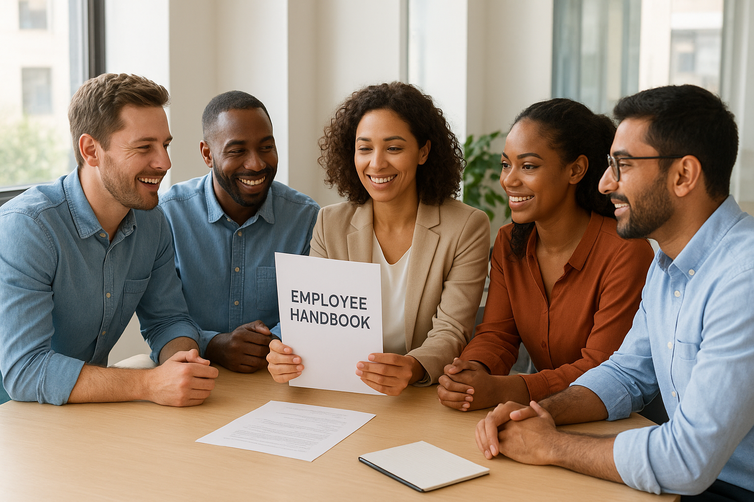 Small business team reviewing updates to their employee policy handbook