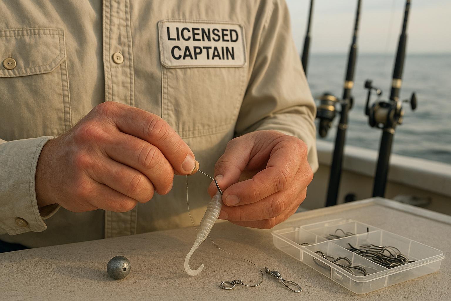 Captain rigging tackle before an offshore fishing charter departs