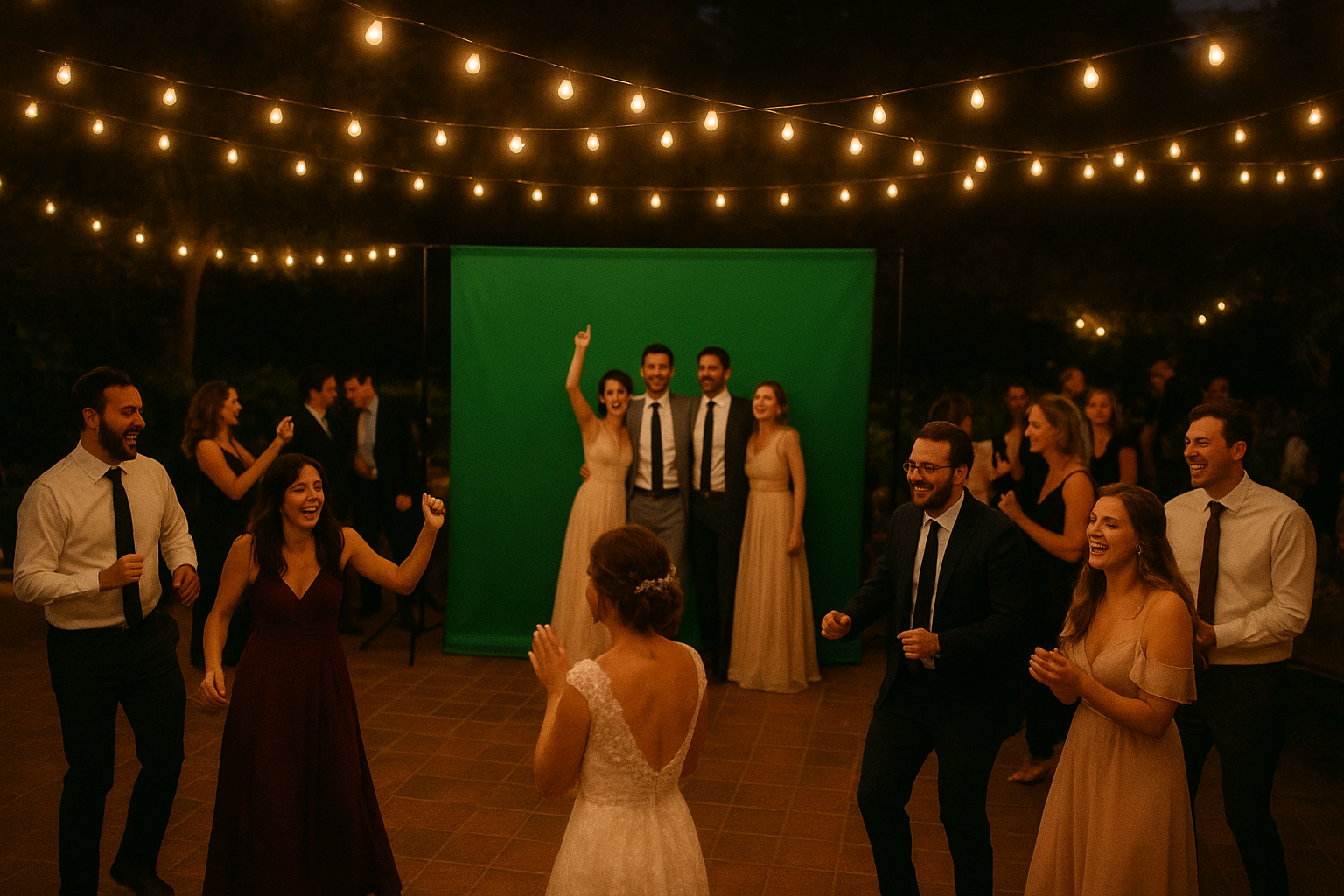 Guests gathered around a photo booth backdrop during a weekend wedding reception in Evansville