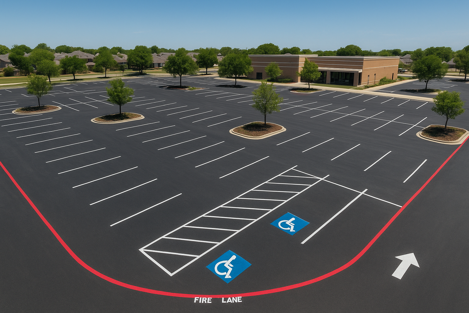 Aerial view of a commercial parking lot in Texas with clearly marked fire lanes and ADA-compliant parking spaces