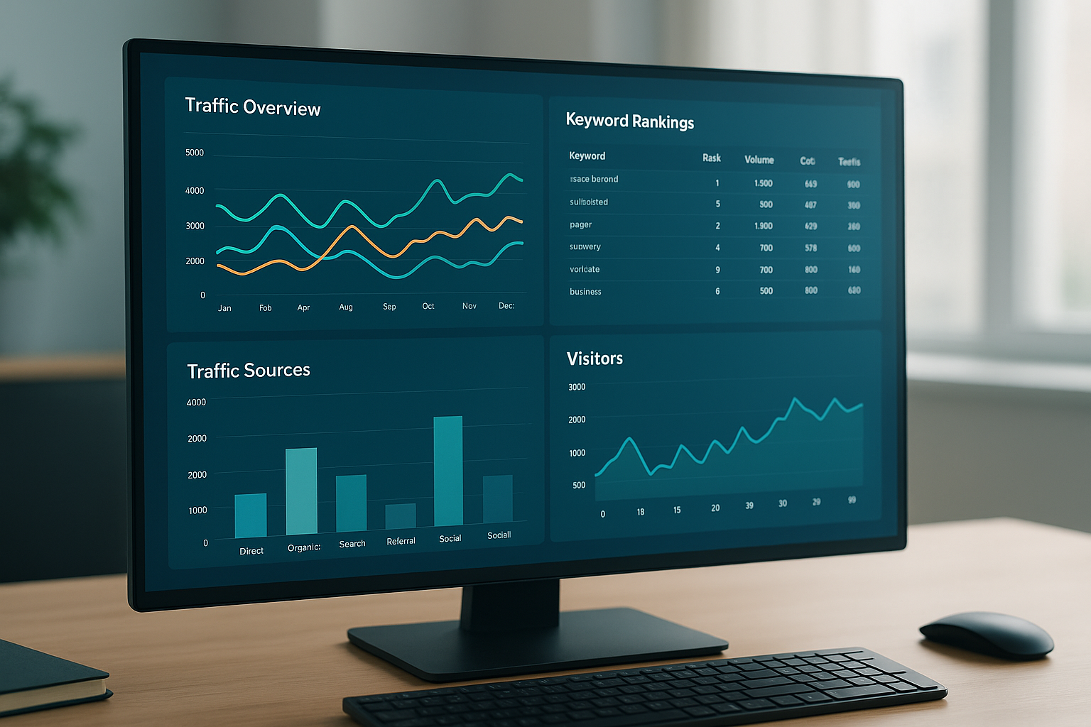 Dashboard showing automated analytics for SEO with keyword rankings and traffic charts