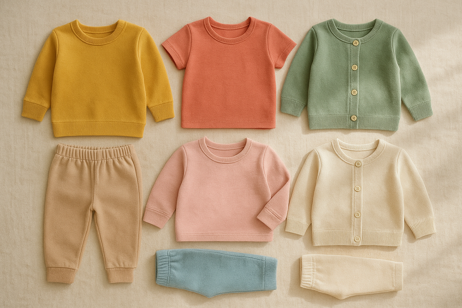 Top bundle of premium children's clothing items arranged in a flat lay on a cream linen surface