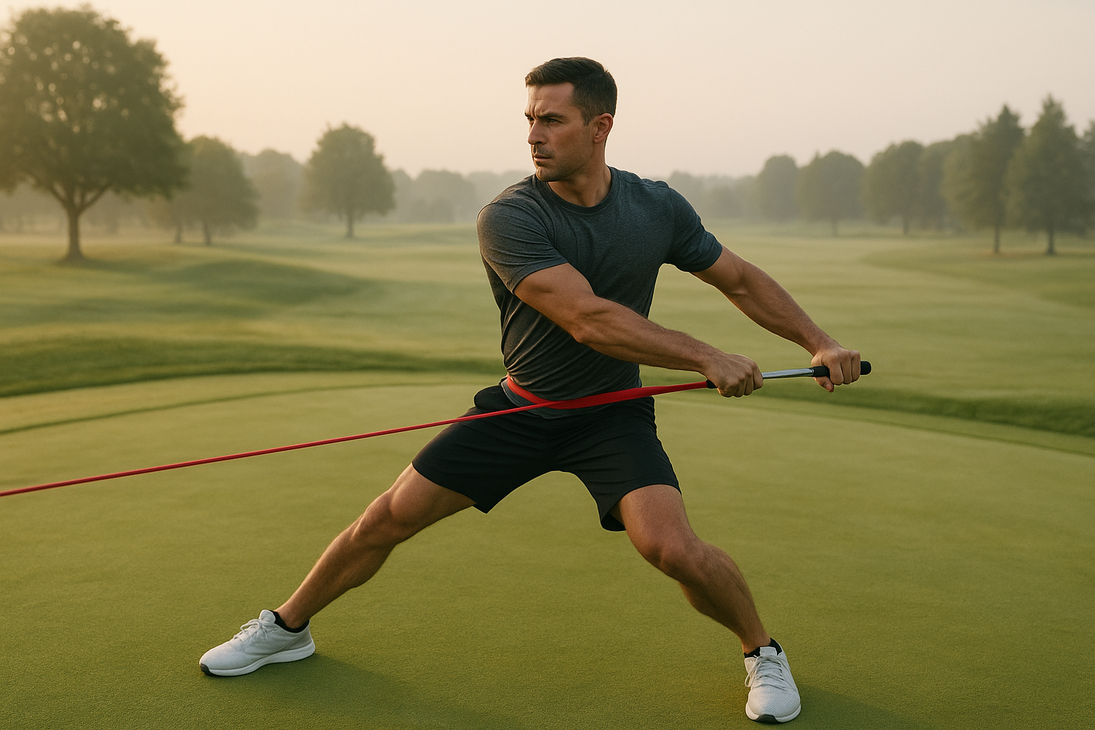 Golfer performing injury prevention golf exercises with a resistance band on a practice green