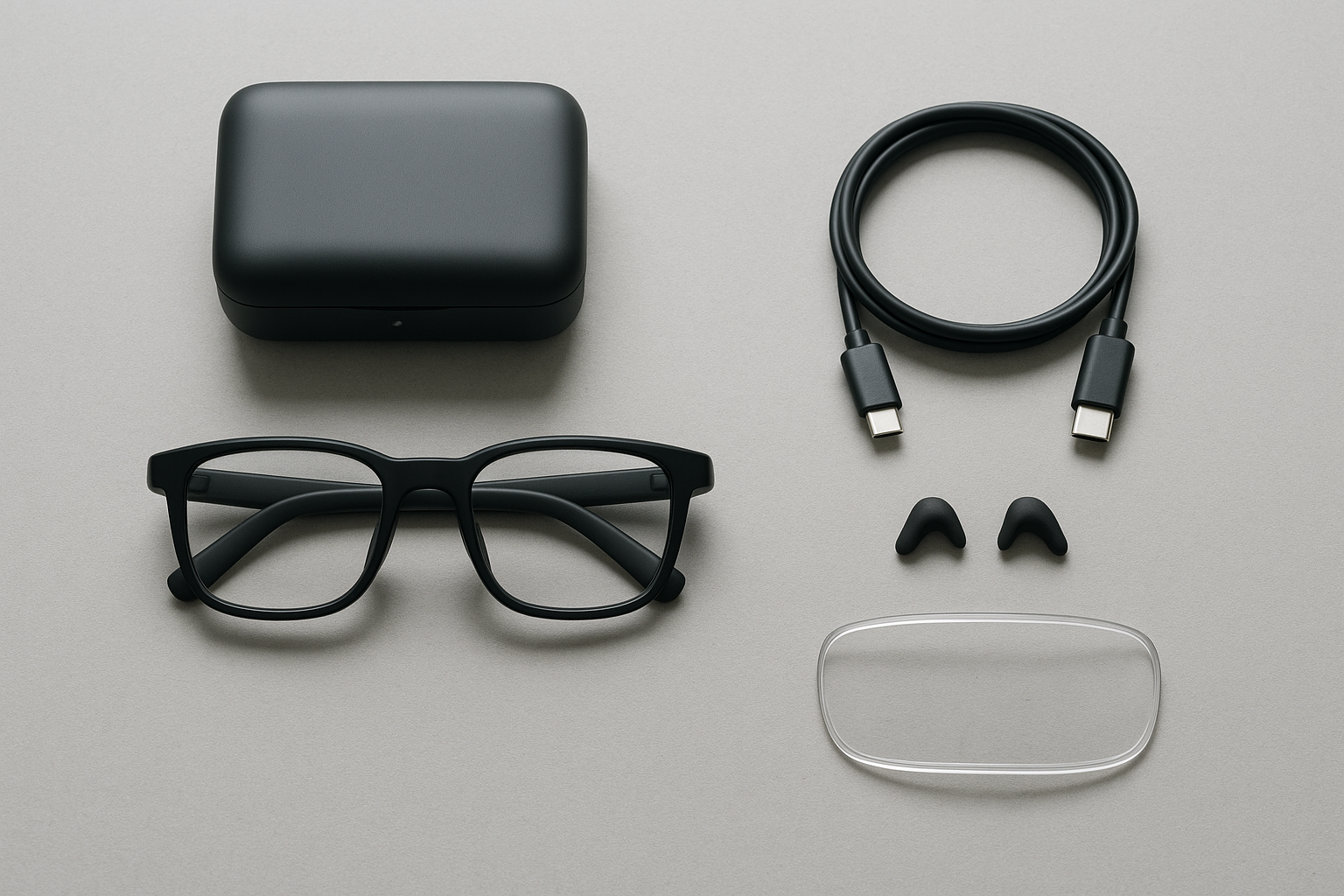 Flat lay of AI smart glasses accessories including a charging case, swap-in lens, and charging cable