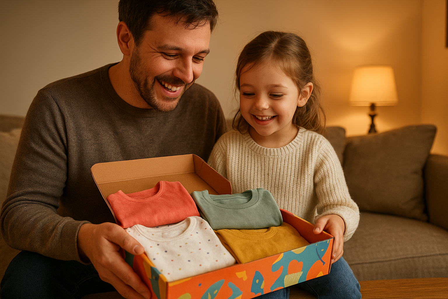 Parent and child opening a kids clothing subscription box together on a couch at home