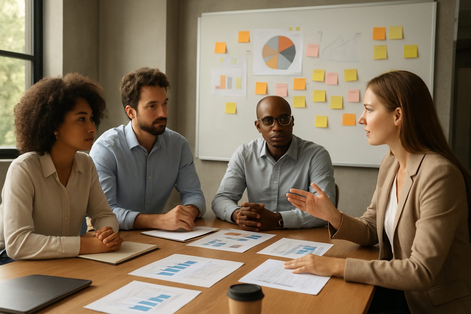Team discussing strategies of organizational development around a conference table