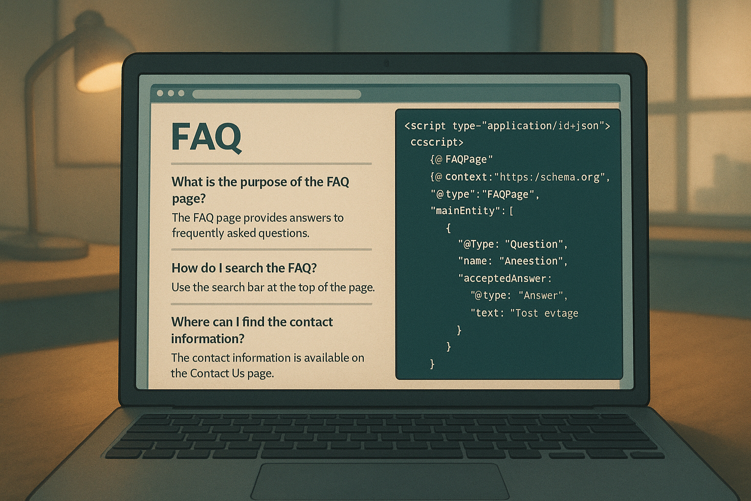 Laptop showing structured FAQ content and schema markup code used in AEO strategy