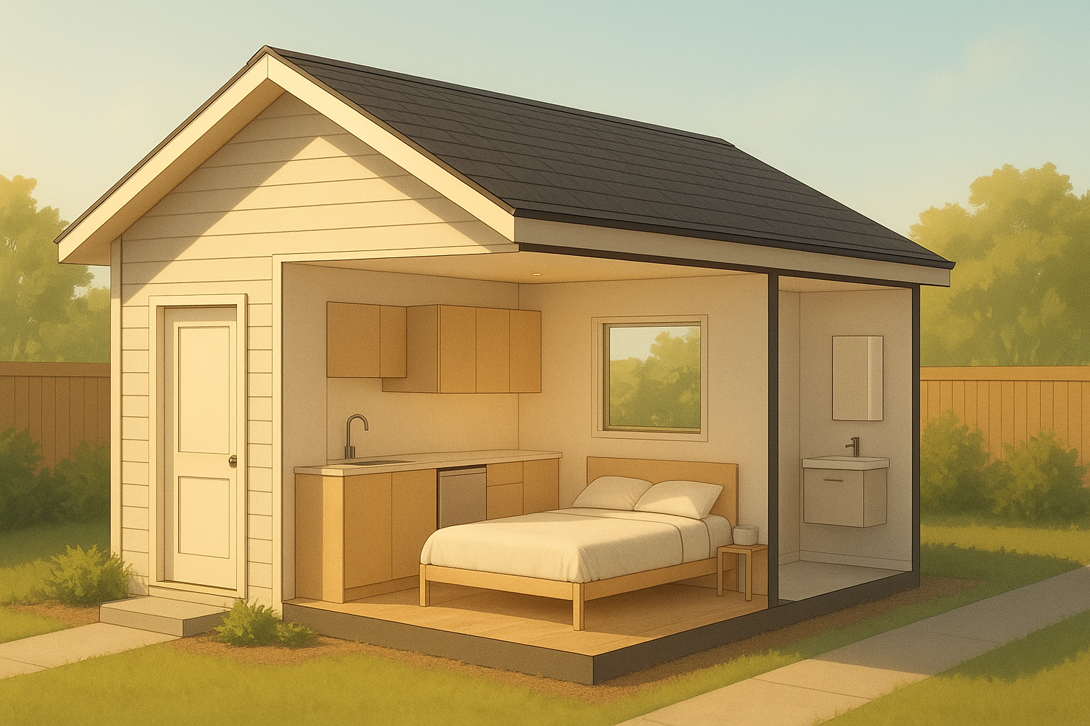 Floor plan illustration showing multigenerational ADU design ideas with separate entrance and kitchenette