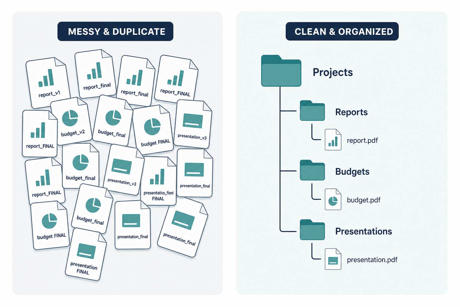 Comparison illustration of scattered duplicate files versus a single organized cloud file server structure
