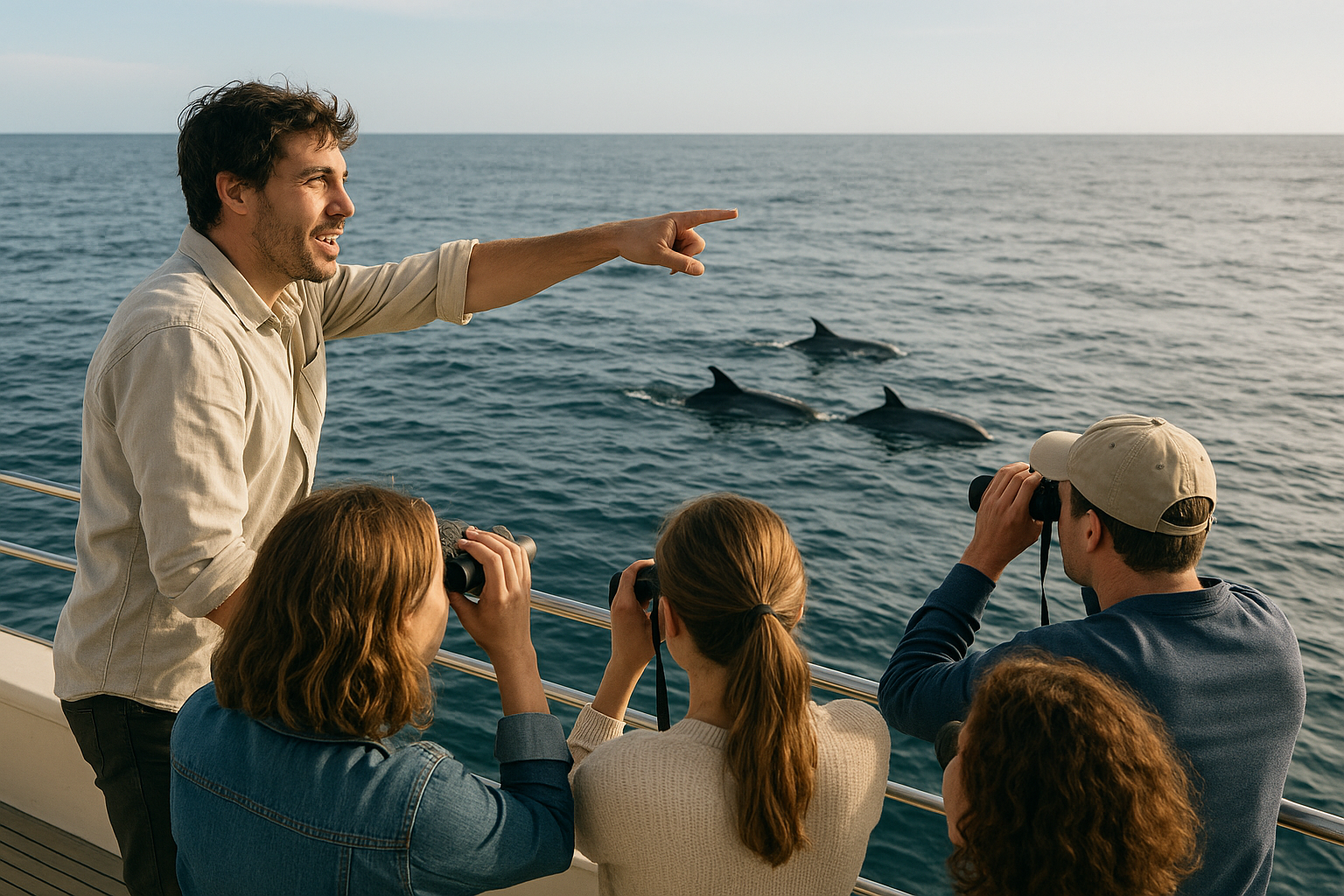 Marine biologist naturalist guiding guests during a San Diego whale watching tour