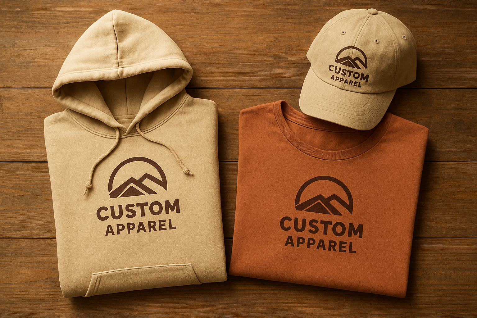 Flat lay of custom apparel pieces including a hoodie, crop top, and baseball cap