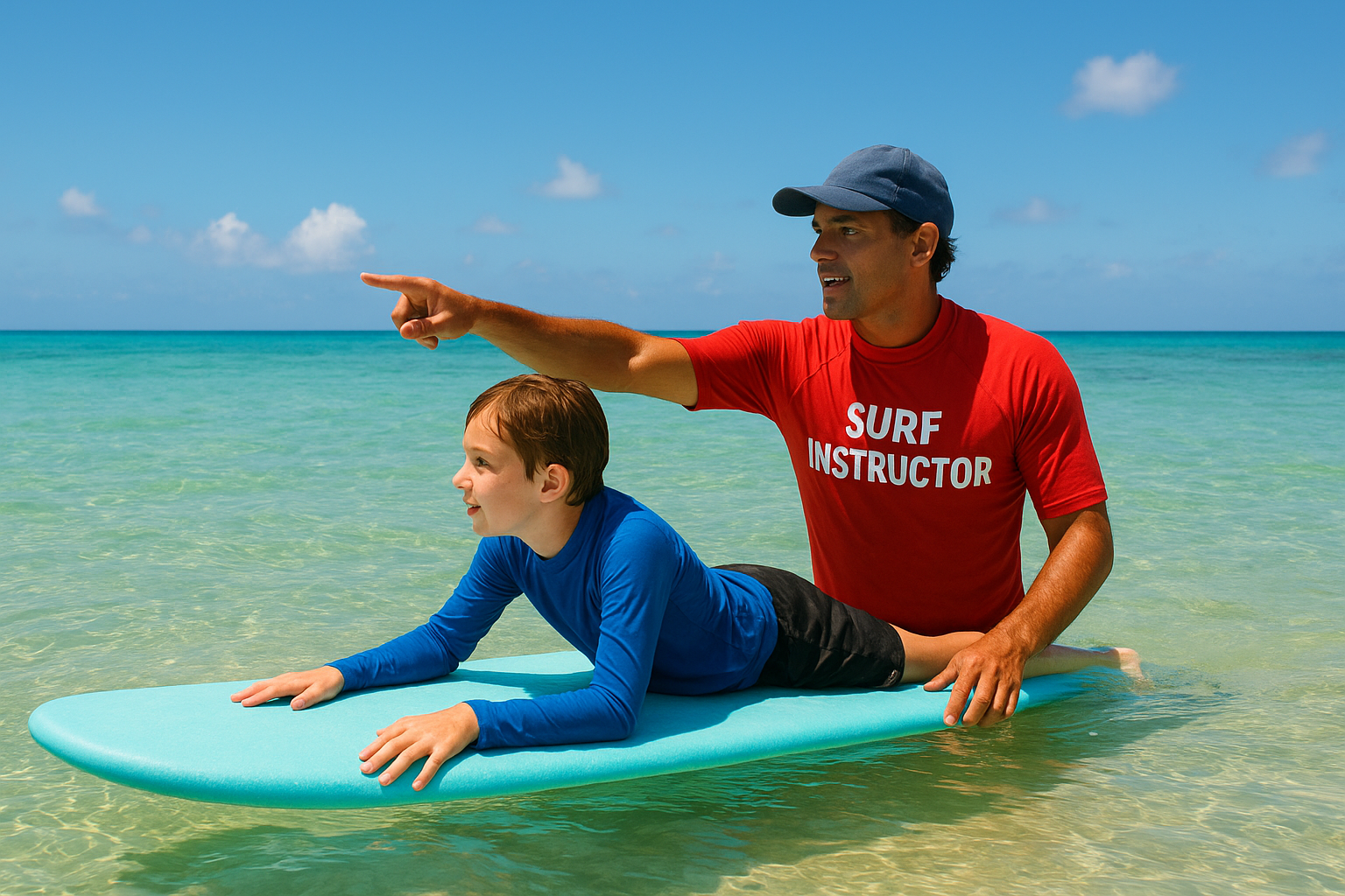 A surf instructor guiding a student on a foam board during a beginner surf lesson in Oahu