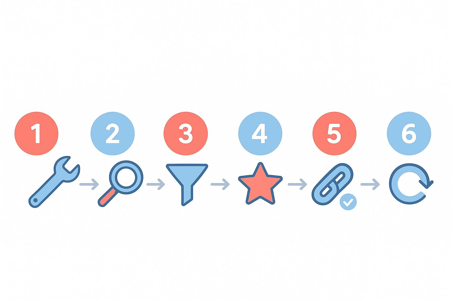 Six-step process infographic for auditing and fixing broken links on a website