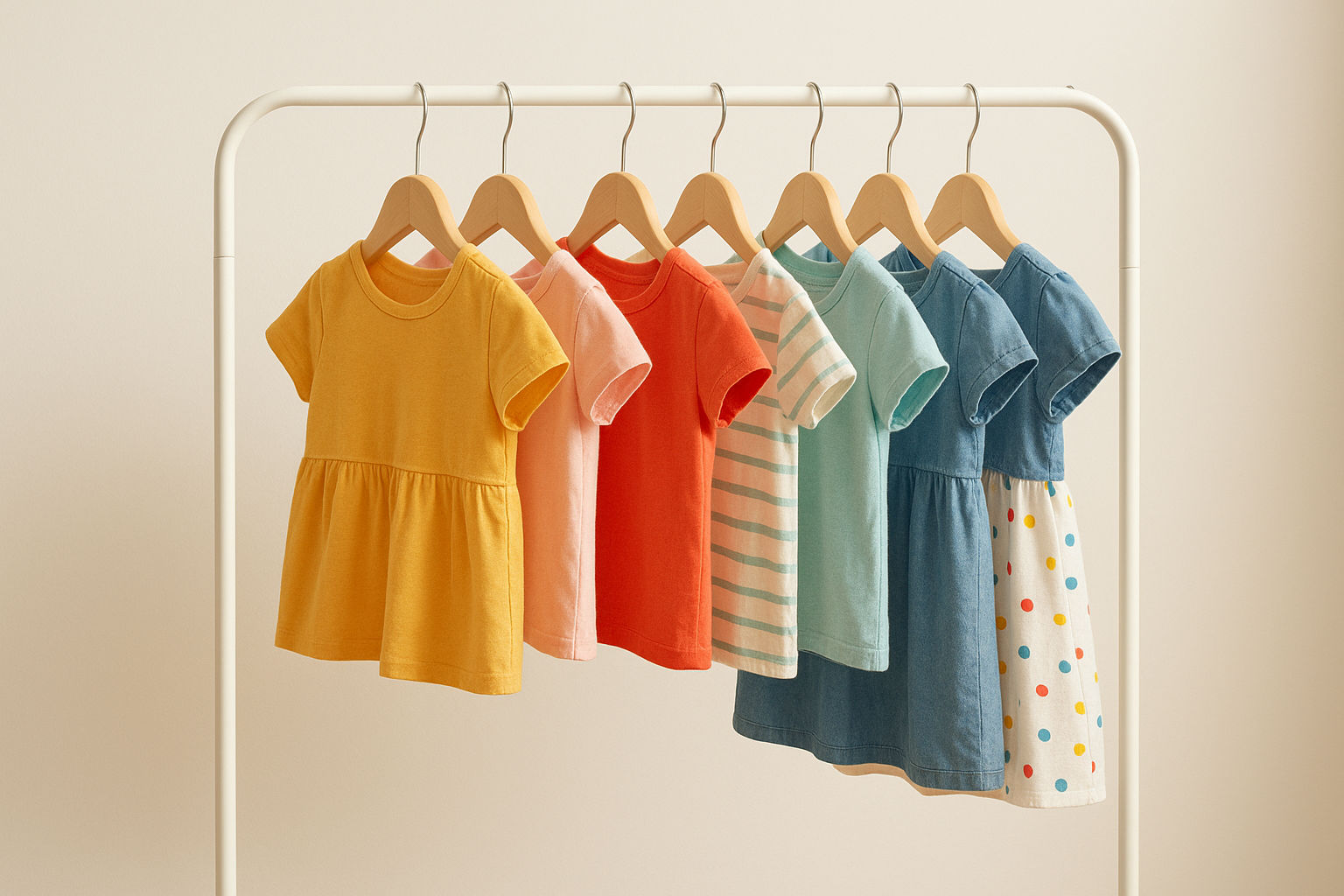 Rotating wardrobe of rental children's apparel organized on hangers