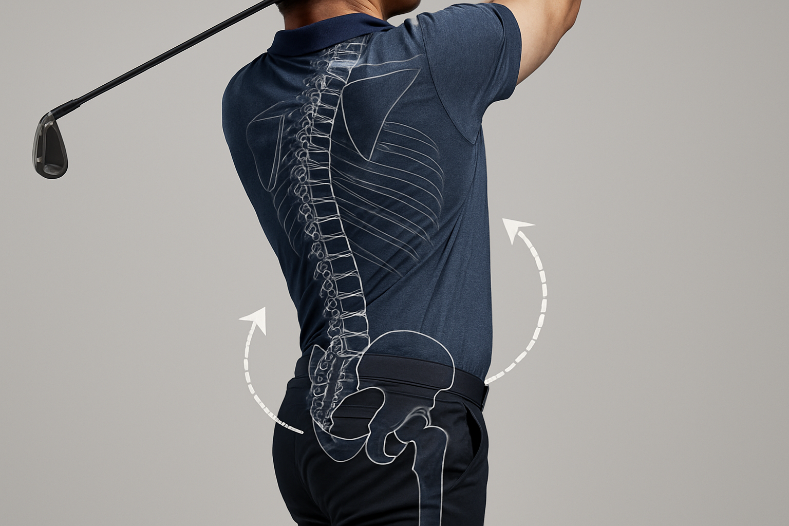 Golfer showing hip and torso separation as part of swing mechanics analysis