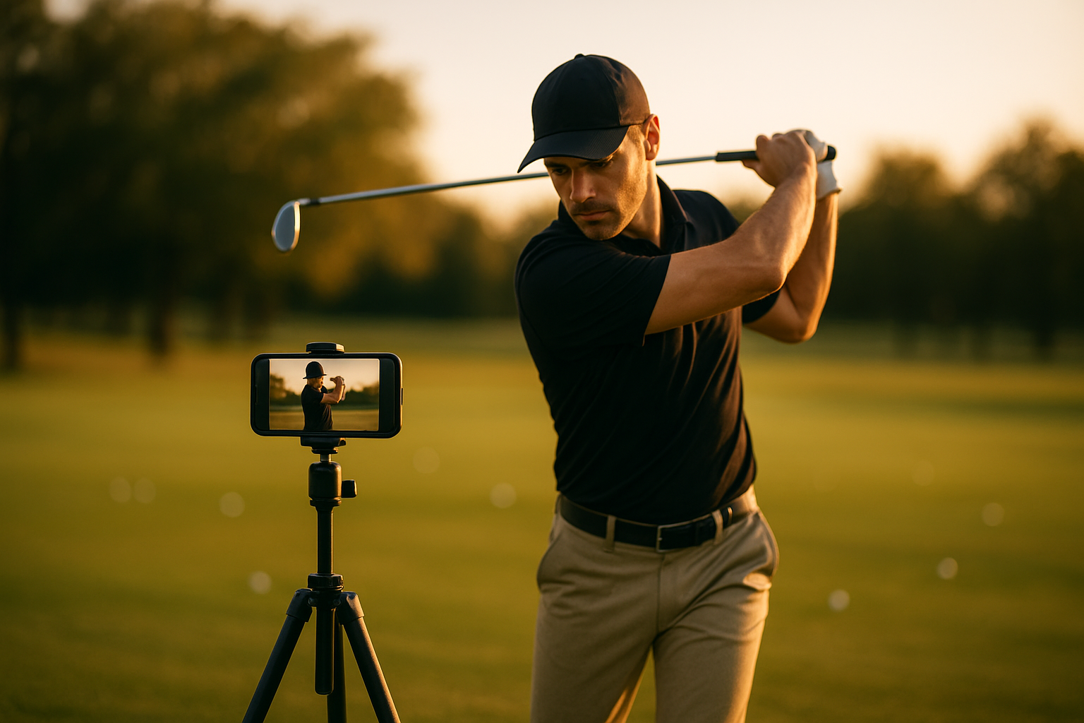 Golfer recording swing for elite golf training online review session