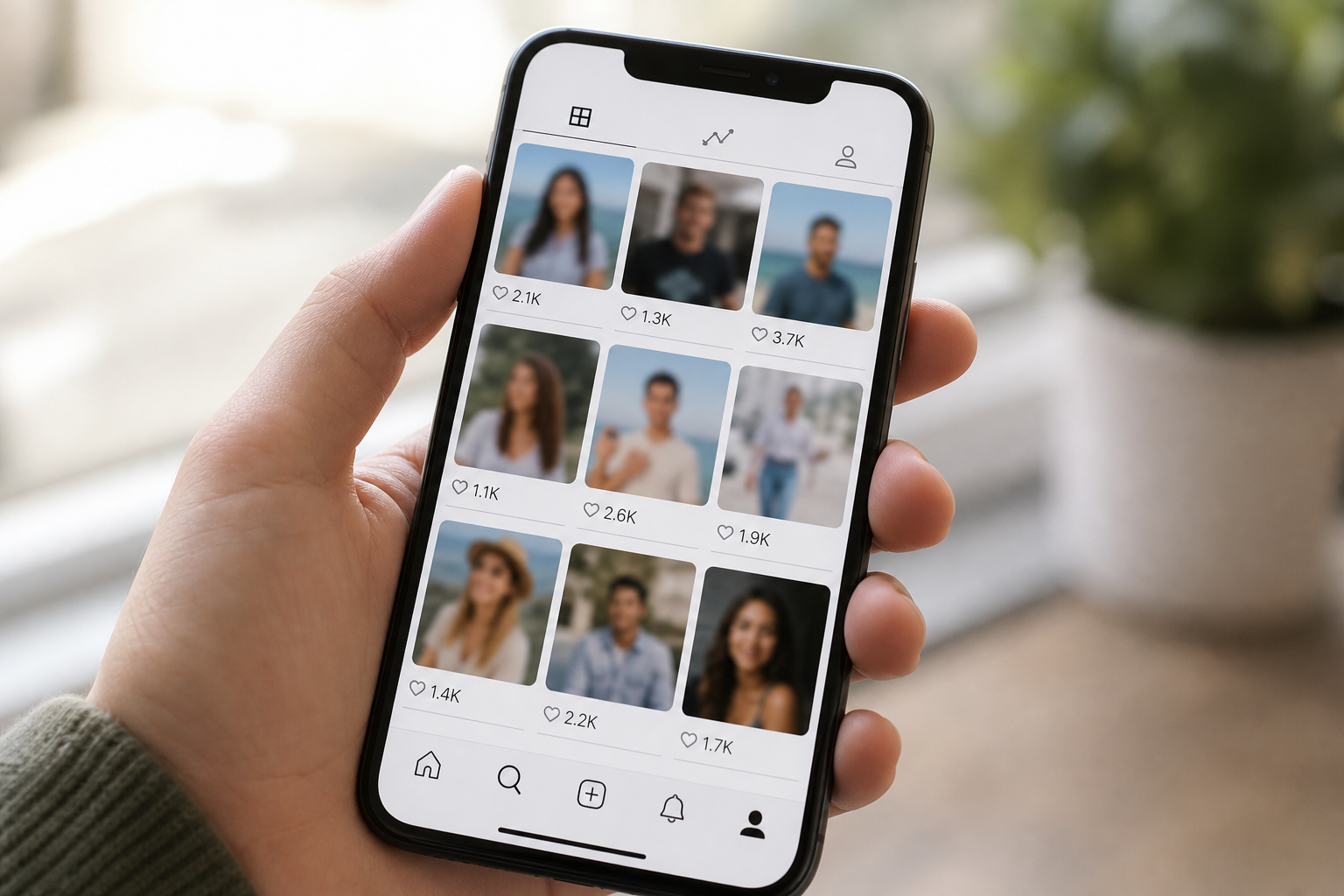 Close-up of a smartphone screen showing a grid of creator profile thumbnails during influencer research