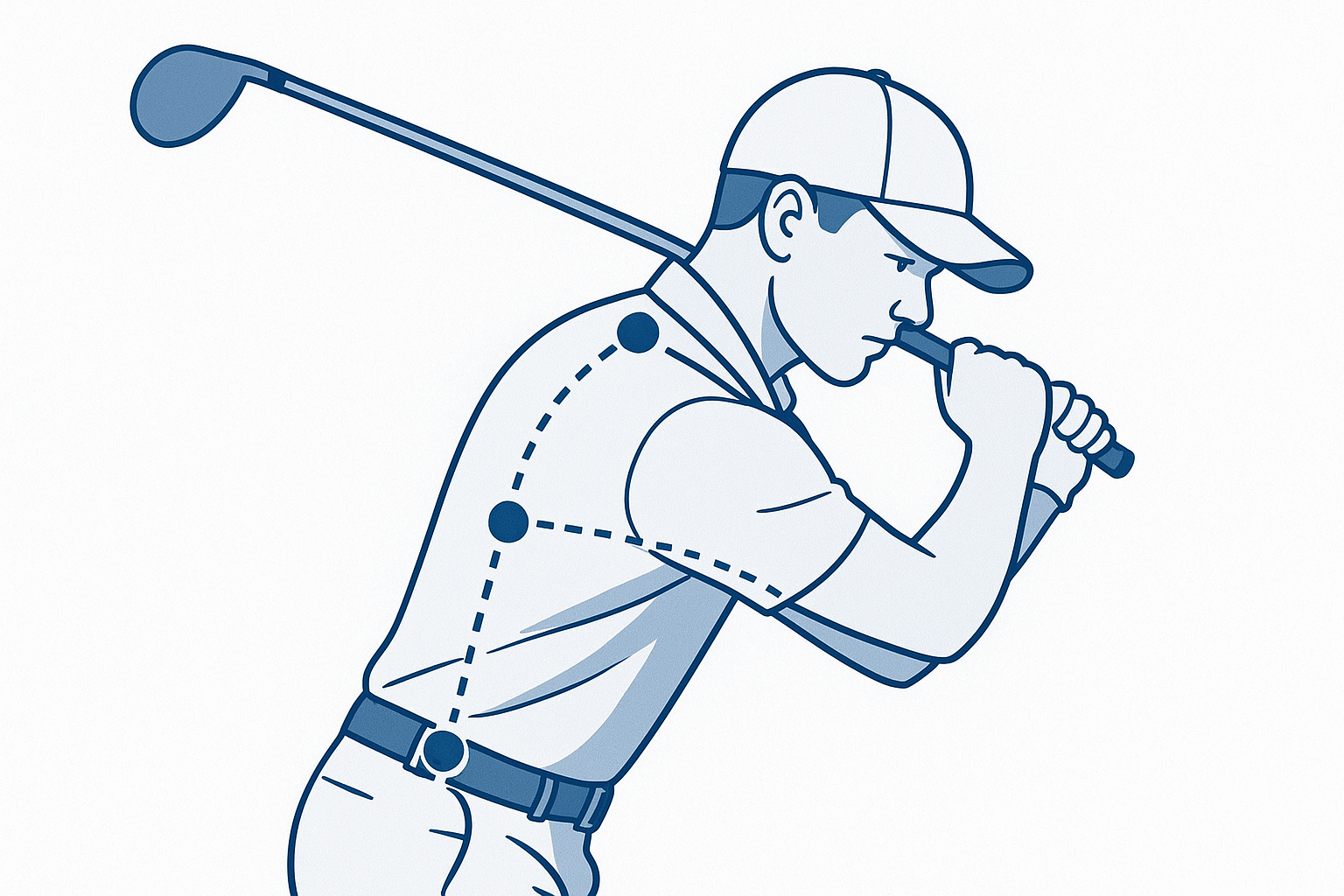 Biomechanical motion-capture overlay highlighting golf swing mechanics used for injury prevention