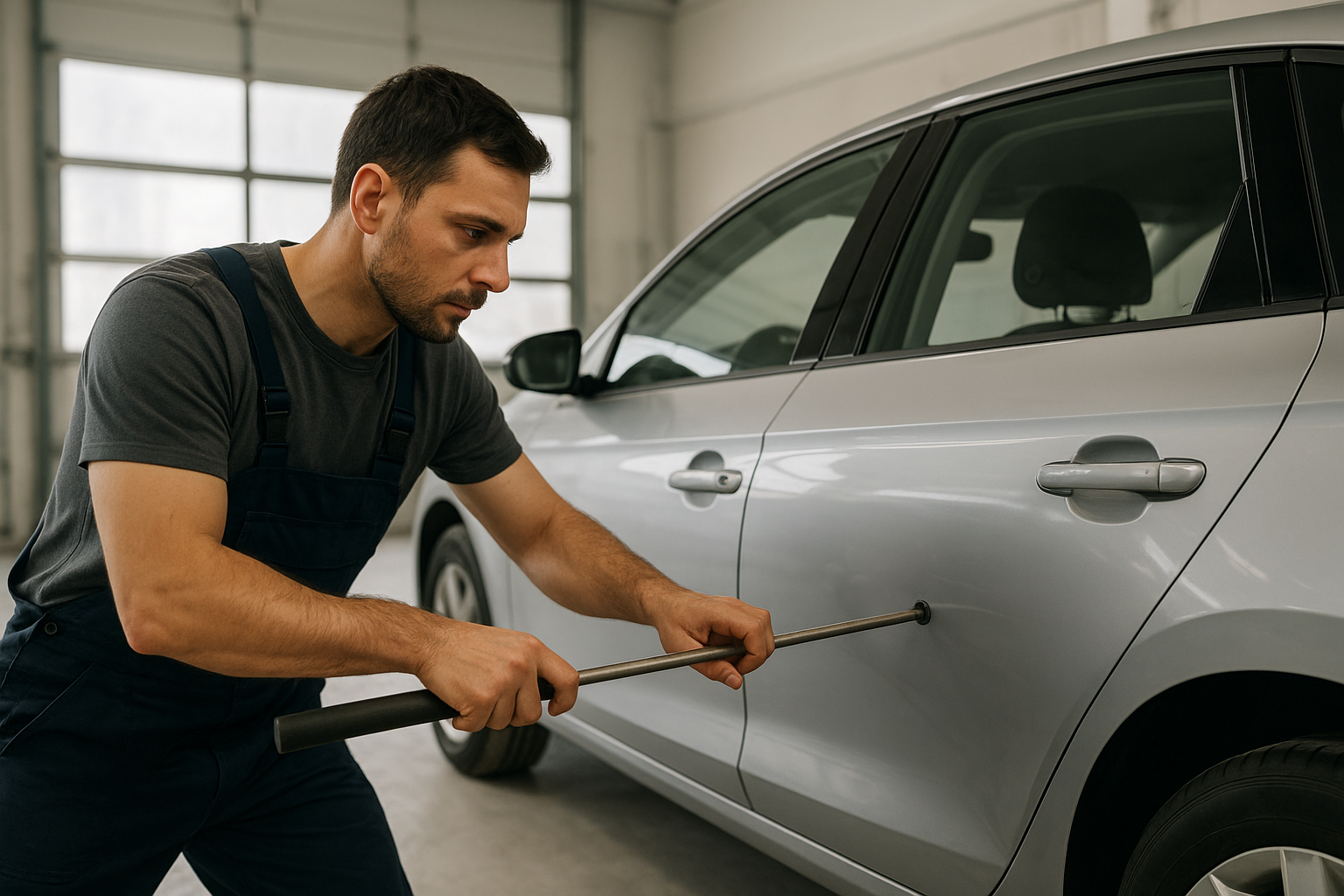 Technician performing precision dent removal on a vehicle door panel
