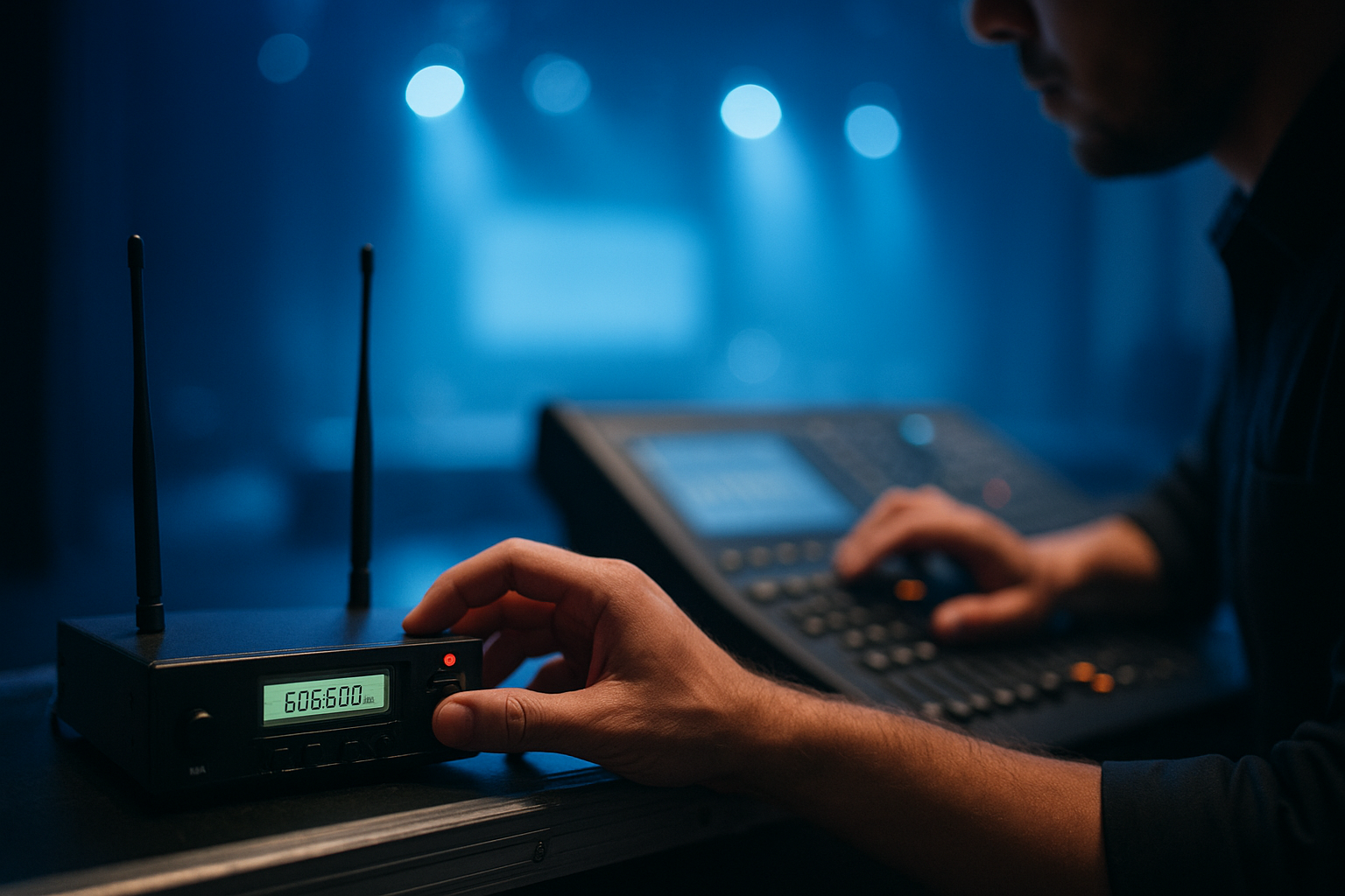 Technician adjusting AV rental equipment backstage before a corporate event