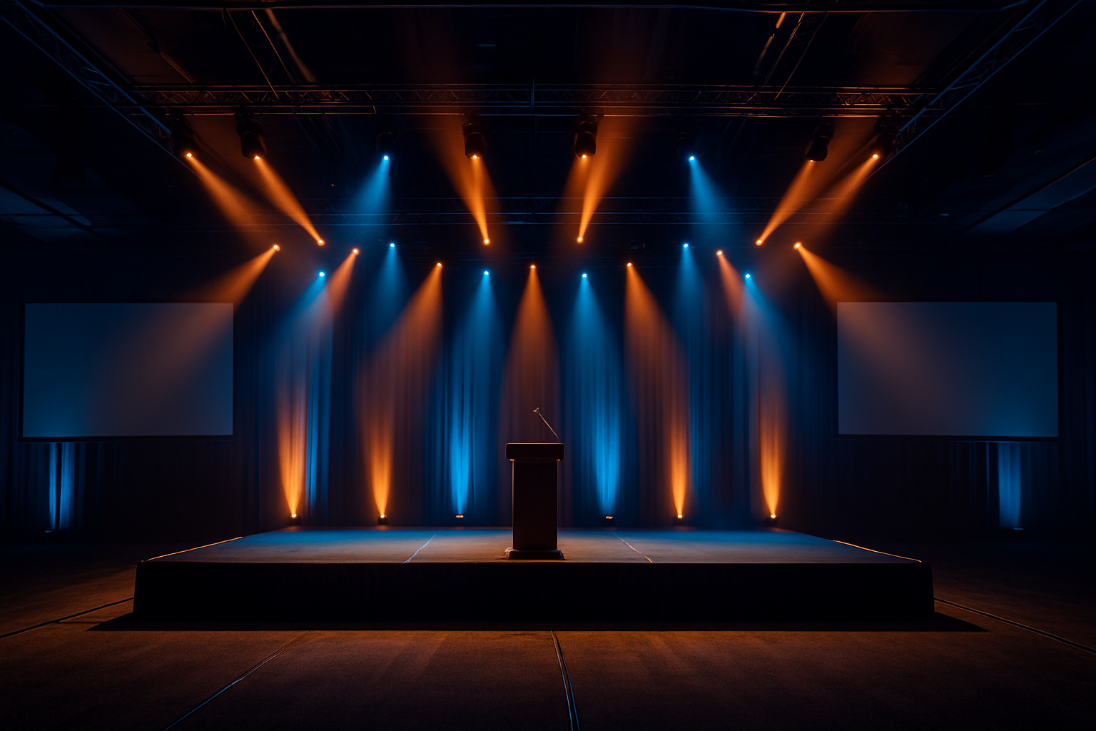 Professional on-site event production setup with stage lighting and projection screens in a conference hall