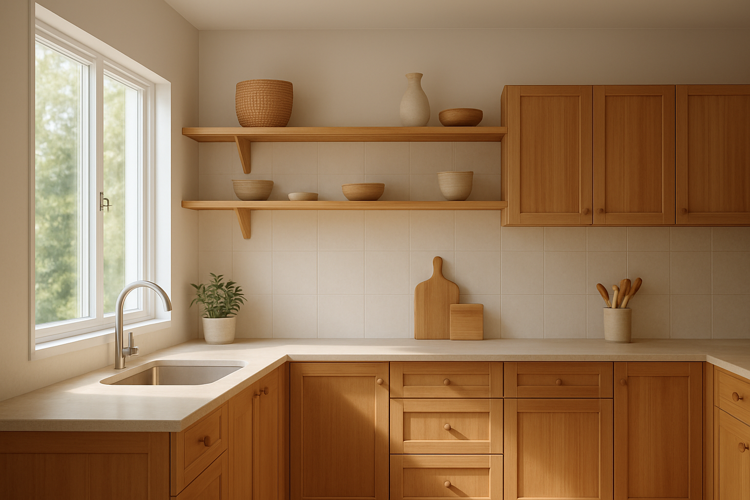 Eco-friendly cabinet options with natural wood and bamboo finishes in a modern kitchen