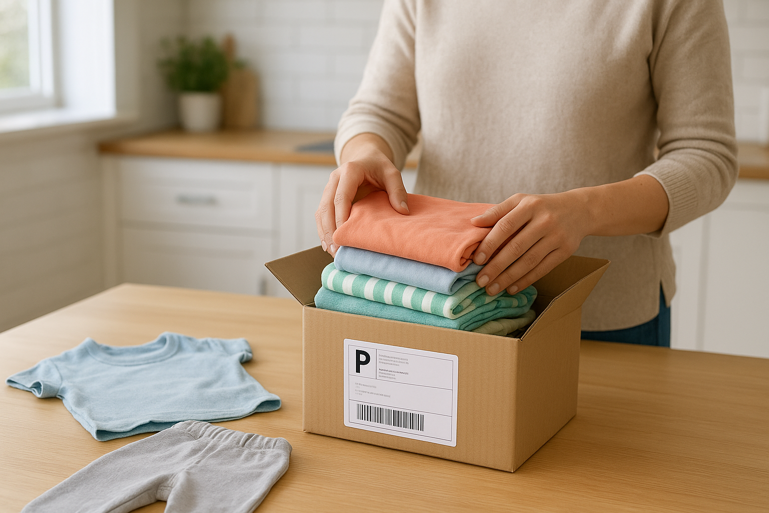 Parent preparing a free return shipping box for a kids clothing rental swap