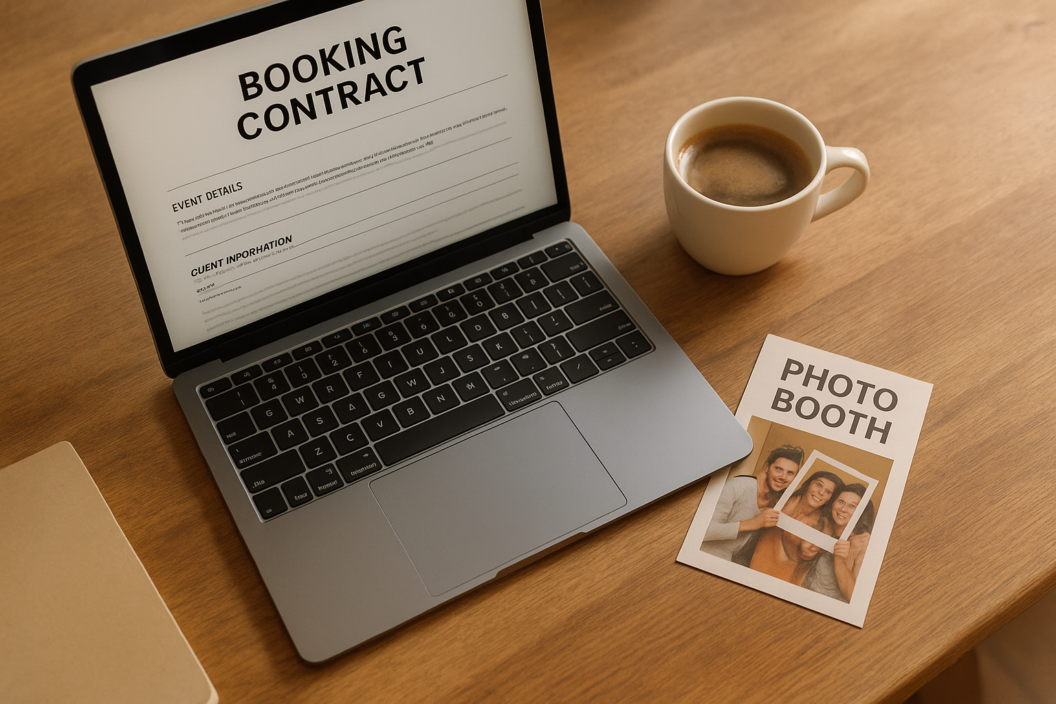 Event planner reviewing photo booth rental deposit cost details on a contract