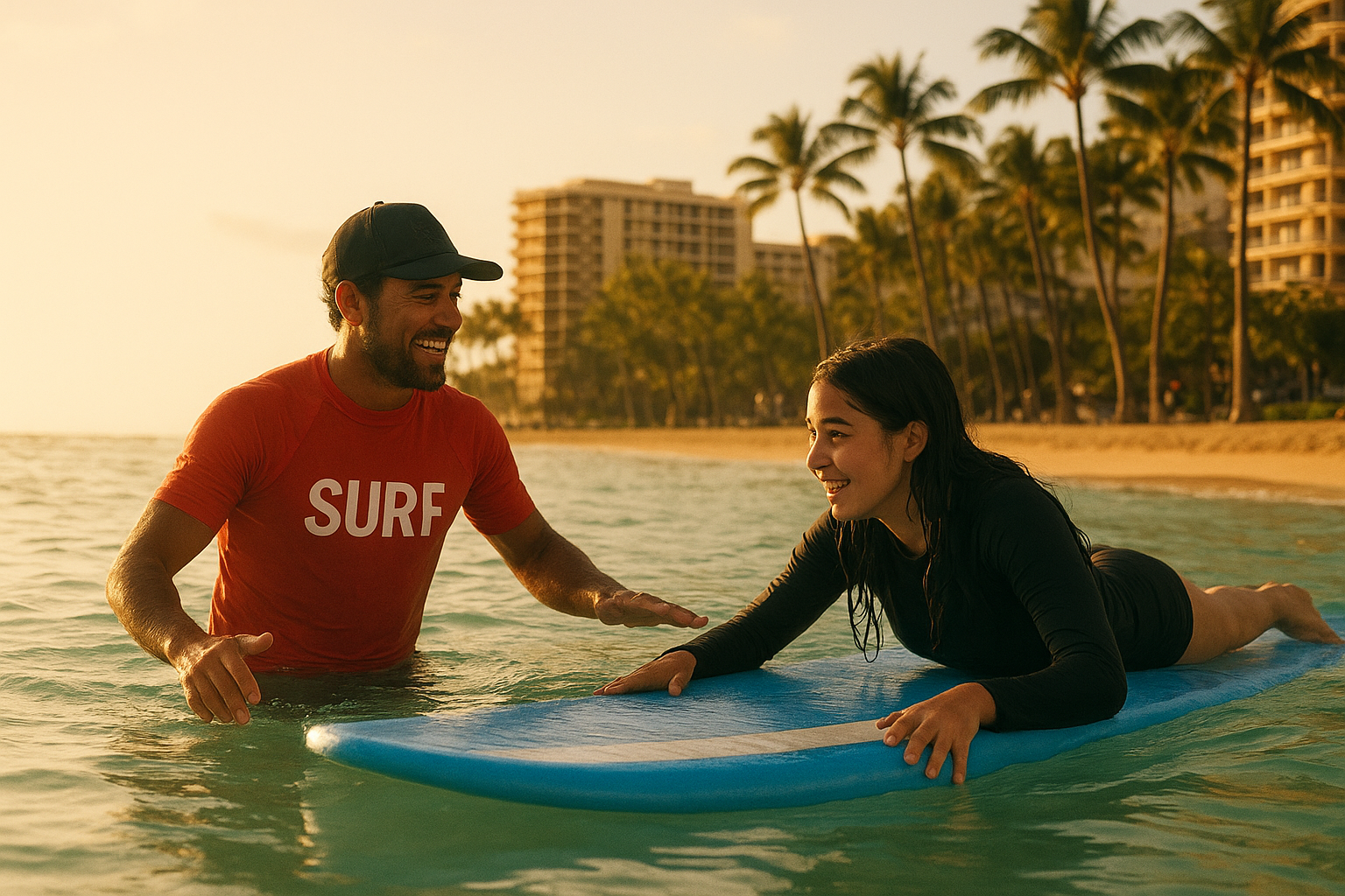 Surf instructor guiding a beginner during surfing lessons in Honolulu at Waikiki Beach