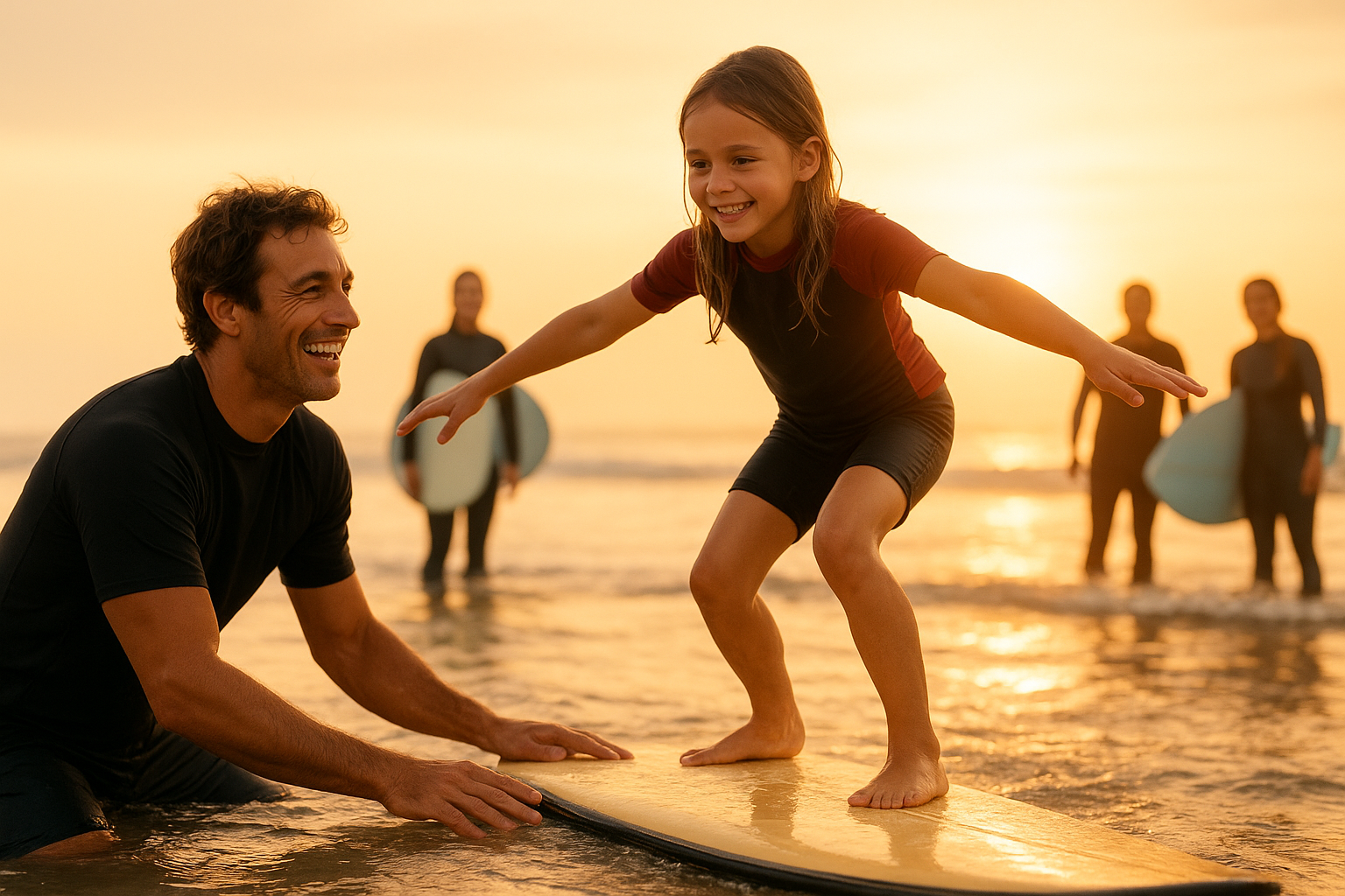 Instructor coaching a beginner during a discounted group surf lesson in Waikiki