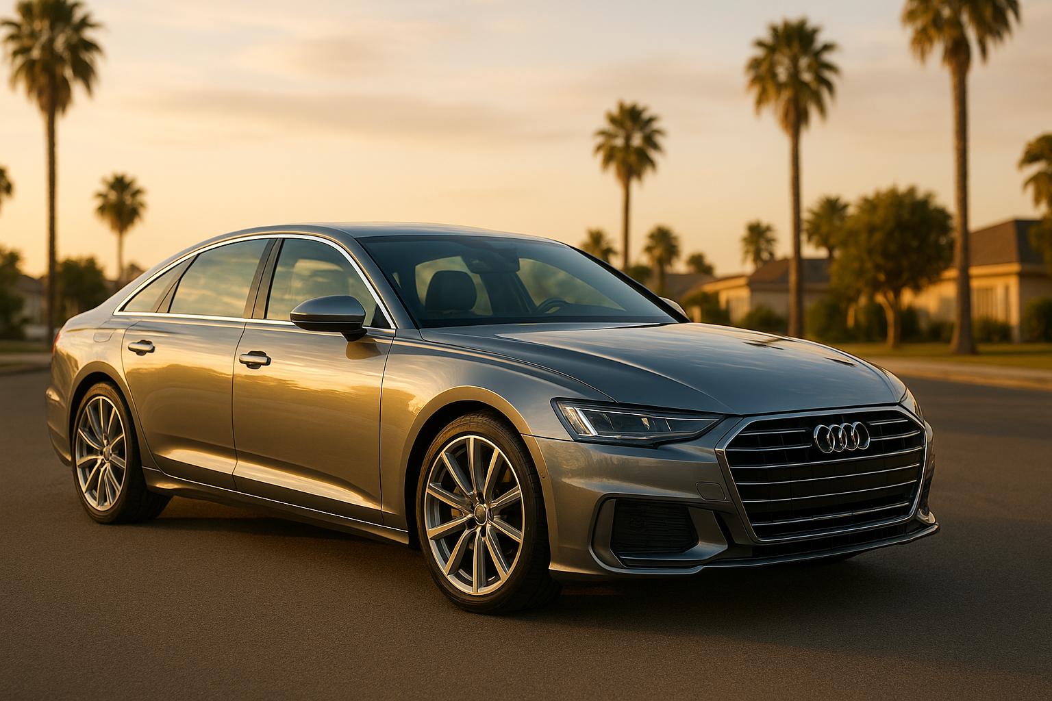 Fully restored silver sedan with deep glossy paint finish parked in a California suburban street after professional restoration service