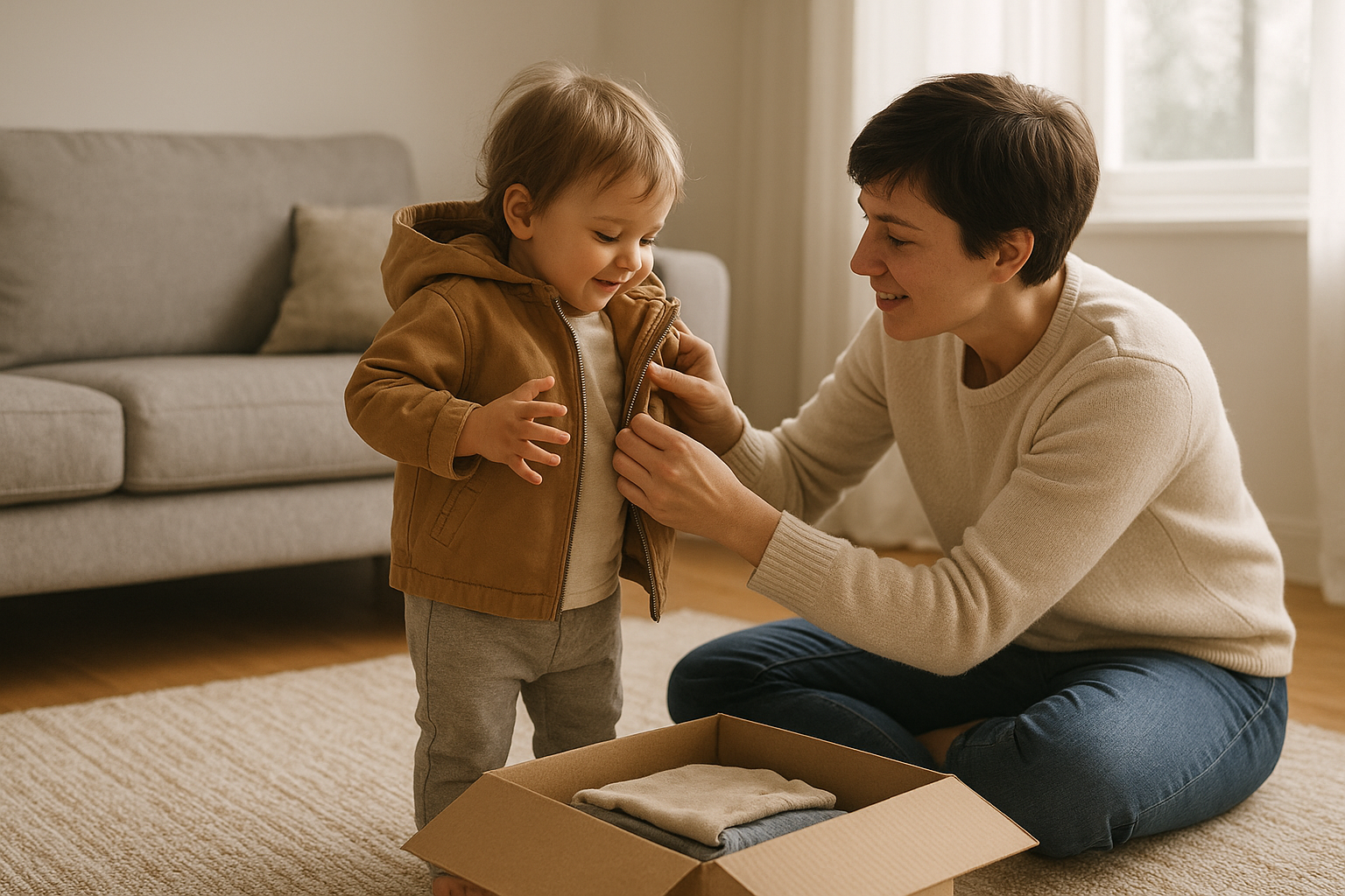 Parent fitting a child with new clothing from a rotating kids wardrobe subscription box