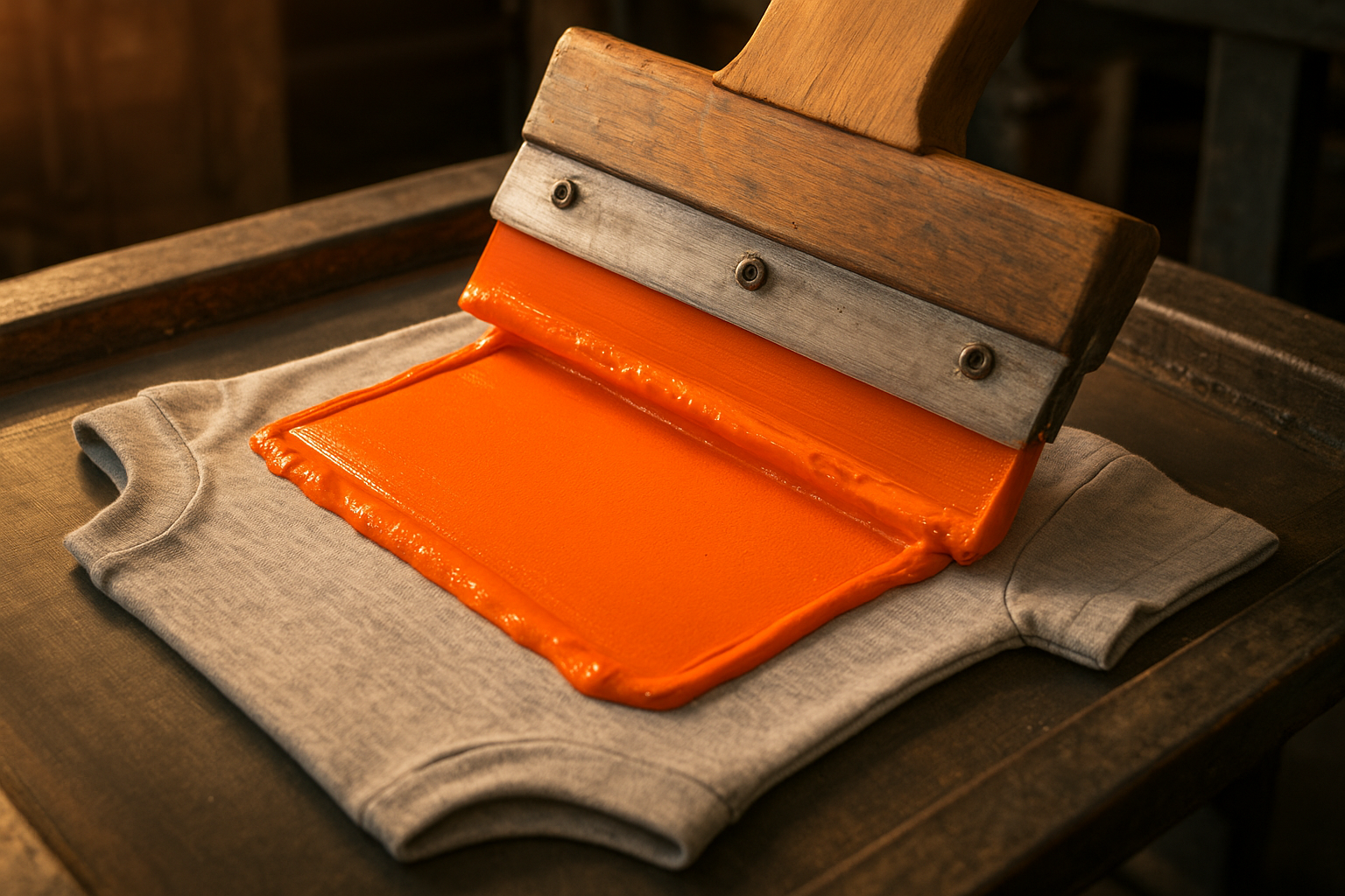 Close-up of a screen printing squeegee pulling bright ink across a children's T-shirt design