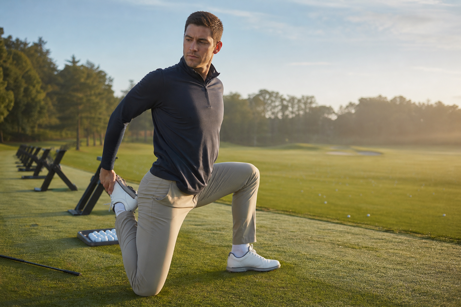 Golfer stretching hips and shoulders as part of training golf swing without injury routine