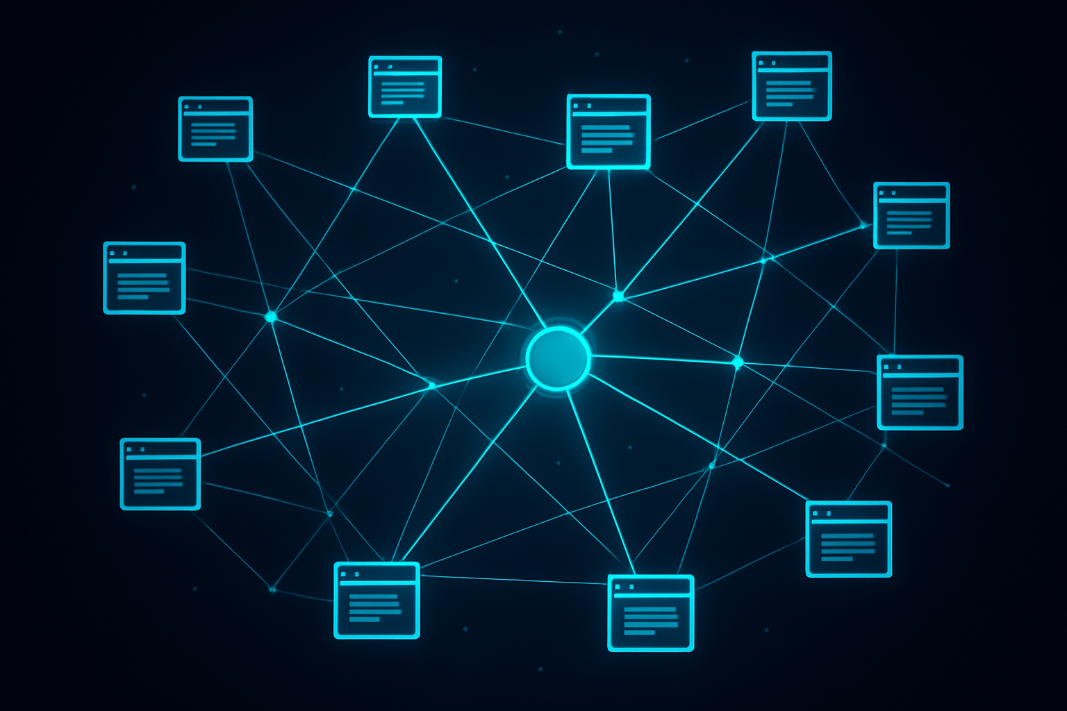Network diagram illustrating how automated link building software connects websites through backlinks