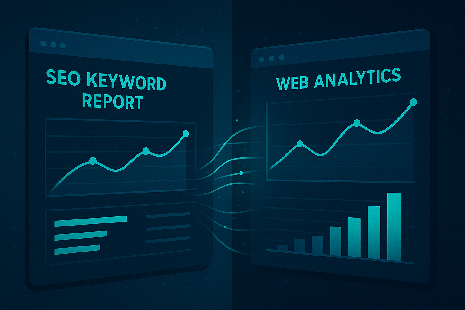 Split screen showing SEO keyword data connected to analytics performance graphs illustrating how search and analytics work together