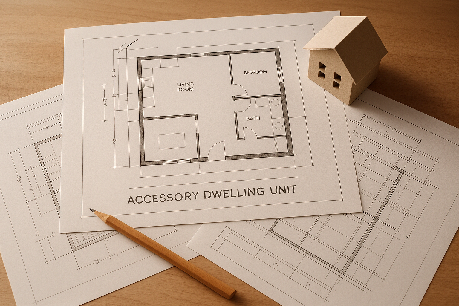 Custom ADU floor plans Riverside County blueprint laid out on a drafting table
