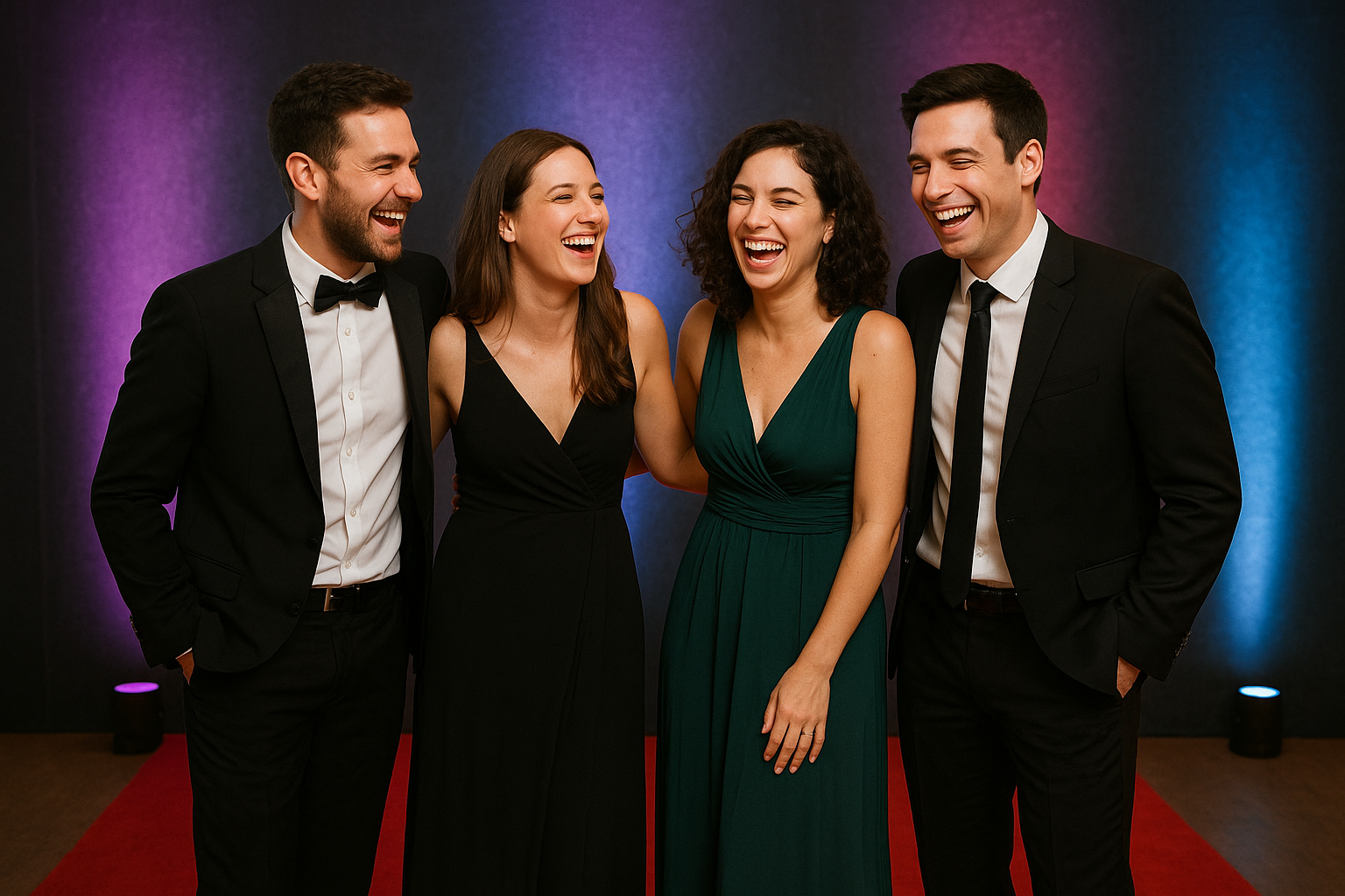 Guests posing on a red carpet in front of a photo booth backdrop during a formal event
