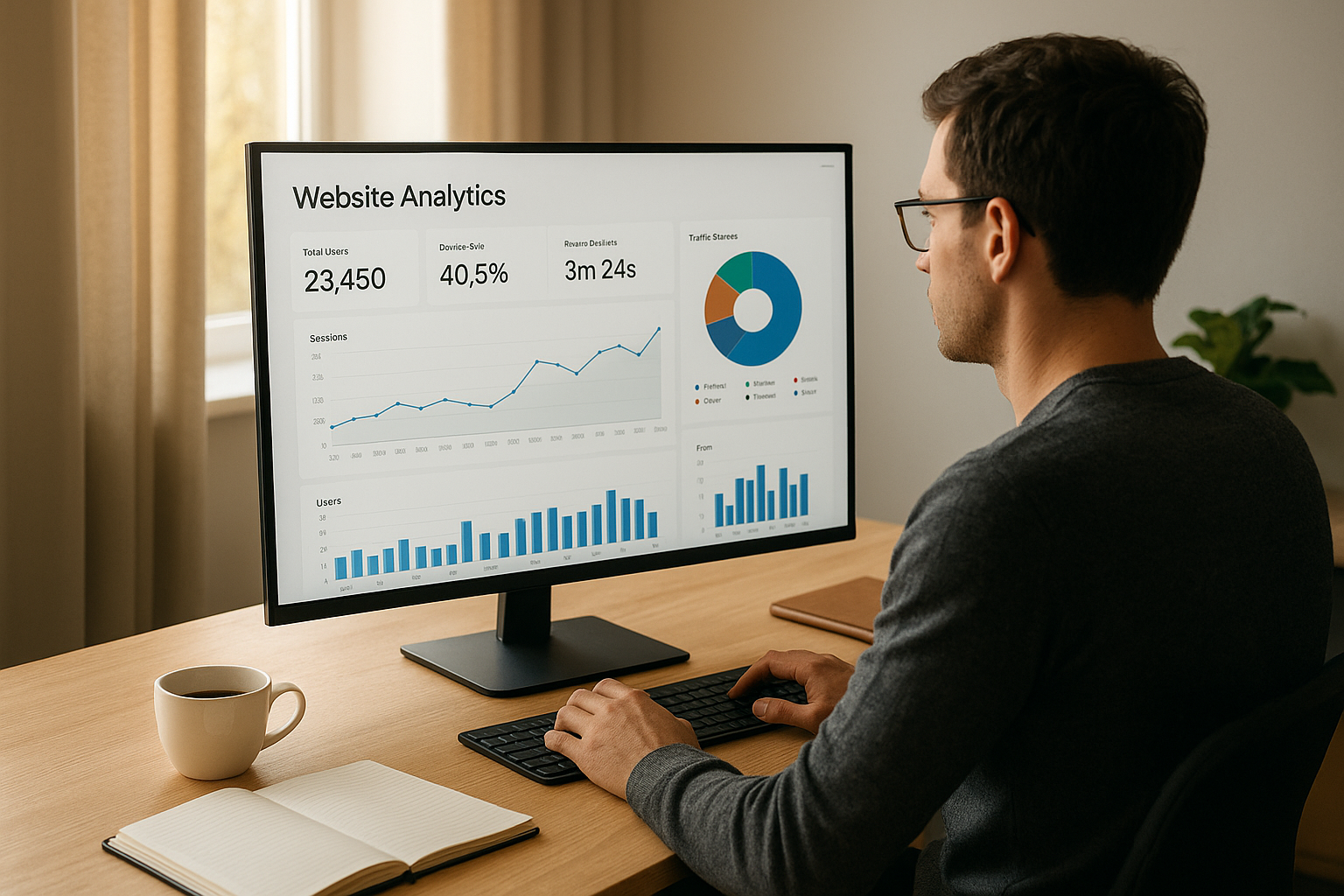 SEO professional reviewing website quality metrics and analytics on a desktop monitor