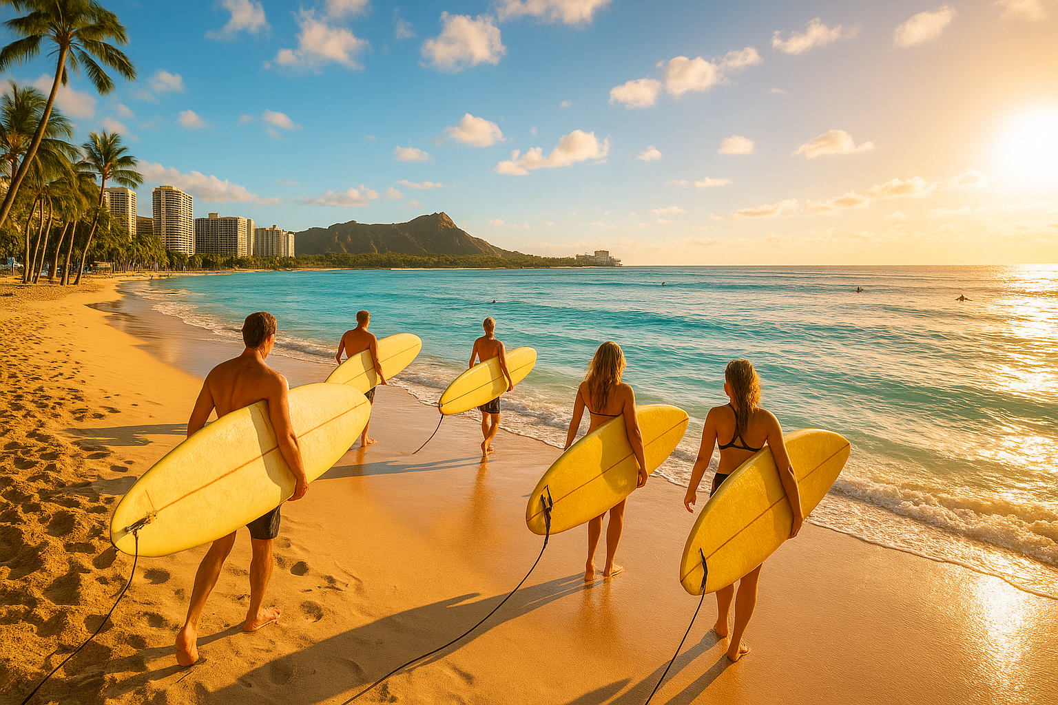 Surfers carrying surfboard rentals in Waikiki toward the shoreline at sunset